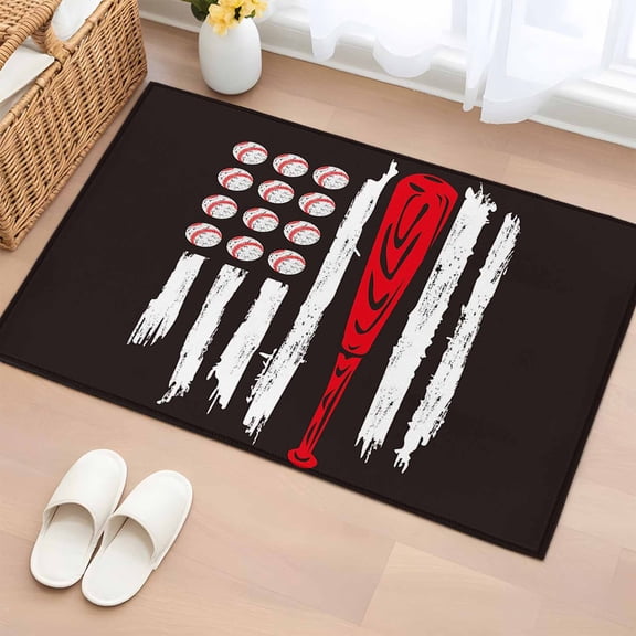 Rectangle Area Rug 2x3ft, American Flag Baseball Non-Shedding Washable Area Rug, Patriot Black and White Red Non Slip Low-Profile Rugs for Living Room, Bedroom Dining Room