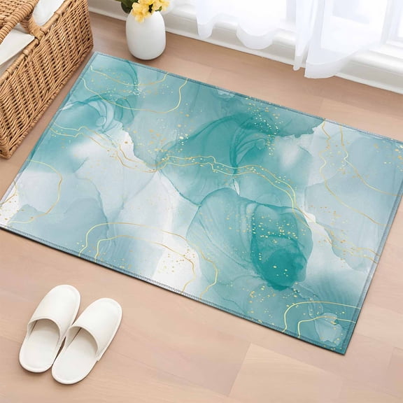 Rectangle Area Rug 2x3ft, Aqua Gradient Marble Abstract Ombre Non-Slip Non-Shedding Floor Mat, Gold Stripe Ink Art Washable Sturdy Carpet for Living Room Bedroom Home Decor