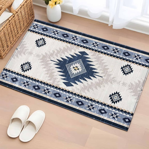 Rectangle Area Rug 2x3ft,Aztec Blue Geometric Abstract Washable Carpet Non-Slip Runner Accent Rugs Indoor Floor Mat for Bedroom Living Room Decor,Retro Ethnic Southwest Style