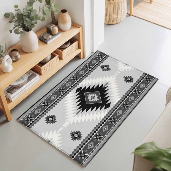 Rectangle Area Rug 2x3ft,Aztec Gray Geometric Pattern Living Room Rug Non-Slip Washable Circle Rugs Pad,Boho Abstract Ethnic Art Soft Floor Carpet for Bedroom Dining Room
