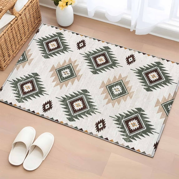 Rectangle Area Rug 2x3ft,Aztec Southwest Green Geometric Washable Carpet Non-Slip Runner Accent Rugs Indoor Floor Mat for Bedroom Living Room Decor,Vintage Southwest Wind