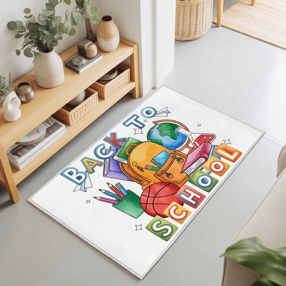 Rectangle Area Rug 2x3ft,Back To School Words Washable Carpet Non-Slip Runner Accent Rugs Indoor Floor Mat for Bedroom Living Room Decor,Watercolor Crayon Bag Book