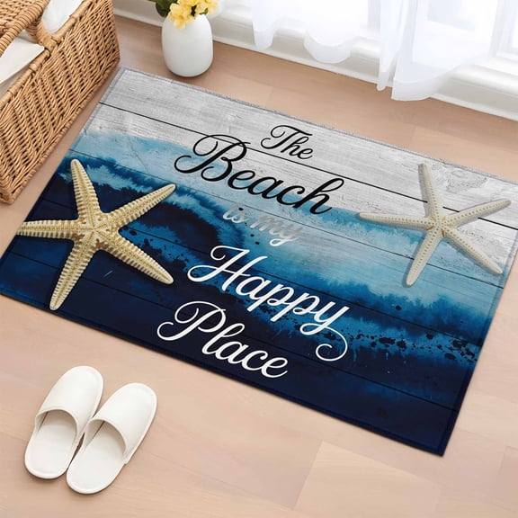 Rectangle Area Rug 2x3ft,Beach Is Happy Place Words Washable Carpet Non-Slip Runner Accent Rugs Indoor Floor Mat for Bedroom Living Room Decor,Sea Starfish on Wood