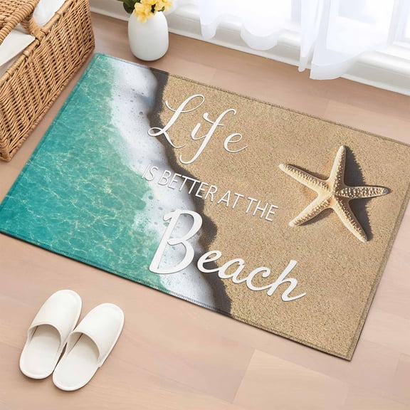 Rectangle Area Rug 2x3ft,Beach Starfish Teal Sea Water Washable Carpet Non-Slip Runner Accent Rugs Indoor Floor Mat for Bedroom Living Room Decor,Summer Better Life
