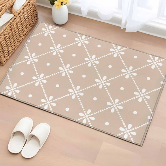 Rectangle Area Rug 2x3ft, Beige Plaid Flower Polka Dots Non-Slip Non-Shedding Floor Mat, Minimalist Style Washable Sturdy Carpet for Living Room Bedroom Home Decor