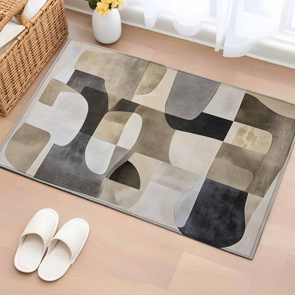 Rectangle Area Rug 2x3ft, Black Brown Color Block Non-Shedding Washable Area Rug, Abstract Geometric Pattern Non Slip Low-Profile Rugs for Living Room, Bedroom Dining Room