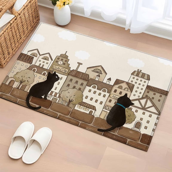 Rectangle Area Rug 2x3ft,Black Cat Rustic House Beige Washable Carpet Non-Slip Runner Accent Rugs Indoor Floor Mat for Bedroom Living Room Decor,Japanese Style Buildings