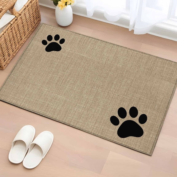 Rectangle Area Rug 2x3ft, Black Dog Paws Prints Non-Shedding Washable Area Rug, Farm Animal Claws Brown Linen Non Slip Low-Profile Rugs for Living Room, Bedroom Dining Room