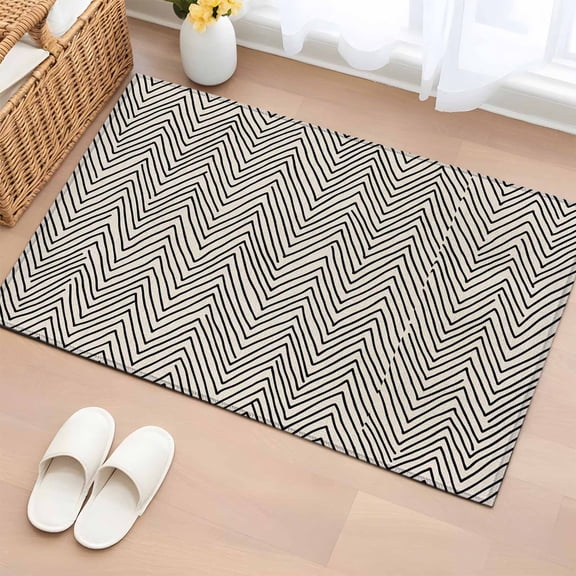 Rectangle Area Rug 2x3ft, Black Herringbone Retro Linen Non-Shedding Washable Area Rug, Abstract Geometric Texture Non Slip Low-Profile Rugs for Living Room, Bedroom Dining Room