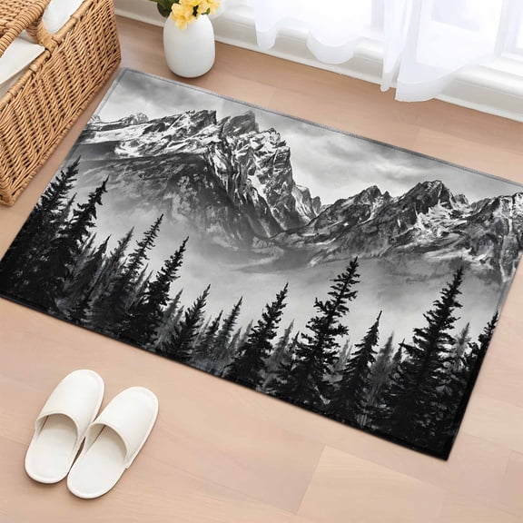 Rectangle Area Rug 2x3ft, Black Snow Mountain Mountains Non-Slip Non-Shedding Floor Mat, Needle Forests Washable Sturdy Carpet for Living Room Bedroom Home Decor