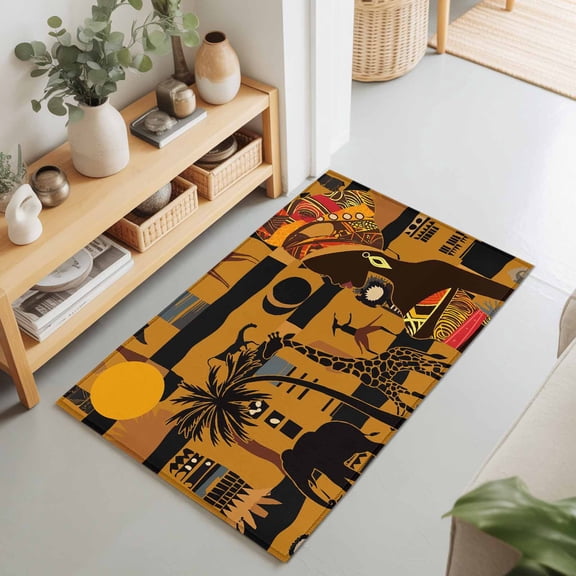 Rectangle Area Rug 2x3ft,Black Women Giraffe Elephant Tree Washable Carpet Non-Slip Runner Accent Rugs Indoor Floor Mat for Bedroom Living Room Decor,African Animal Pattern
