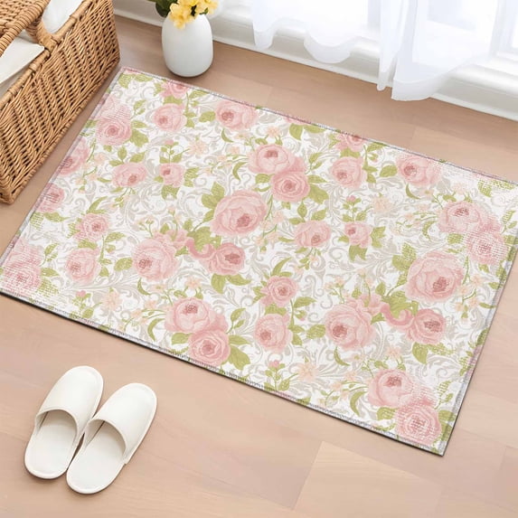 Rectangle Area Rug 2x3ft,Blossom Floral Watercolor Pink Washable Carpet Non-Slip Runner Accent Rugs Indoor Floor Mat for Bedroom Living Room Decor,Country Leaves Vintage
