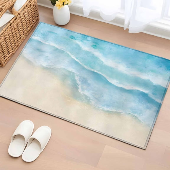 Rectangle Area Rug 2x3ft, Blue Gradients Sea Wave Non-Slip Non-Shedding Floor Mat, Brown Sandy Beaches Washable Sturdy Carpet for Living Room Bedroom Home Decor