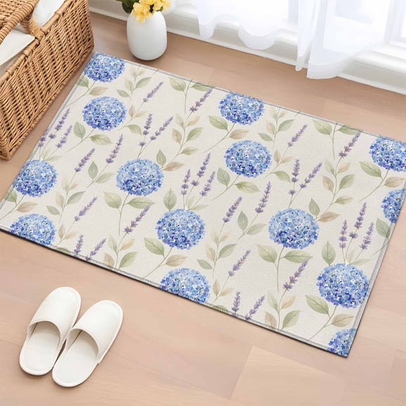 Rectangle Area Rug 2x3ft, Blue Hydrangea Green Leaf Non-Slip Non-Shedding Floor Mat, Country Flower Leaves Retro Linen Washable Sturdy Carpet for Living Room Bedroom Home Decor