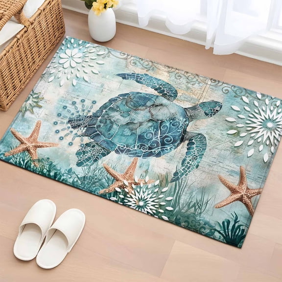 Rectangle Area Rug 2x3ft,Blue Sea Turtle Ocean Starfish Washable Carpet Non-Slip Runner Accent Rugs Indoor Floor Mat for Bedroom Living Room Decor,Seaweed Vintage Map