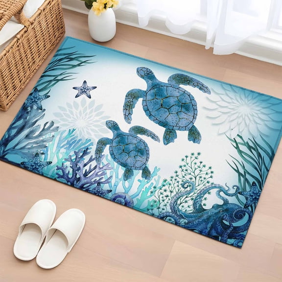 Rectangle Area Rug 2x3ft,Blue Sea ​​turtle Coral Seagrass Sea Nuts Washable Carpet Non-Slip Runner Accent Rugs Indoor Floor Mat for Bedroom Living Room Decor,Underwater World