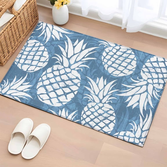 Rectangle Area Rug 2x3ft, Blue White Pineapple Non-Slip Non-Shedding Floor Mat, Minimalist Fruit Pattern Washable Sturdy Carpet for Living Room Bedroom Home Decor