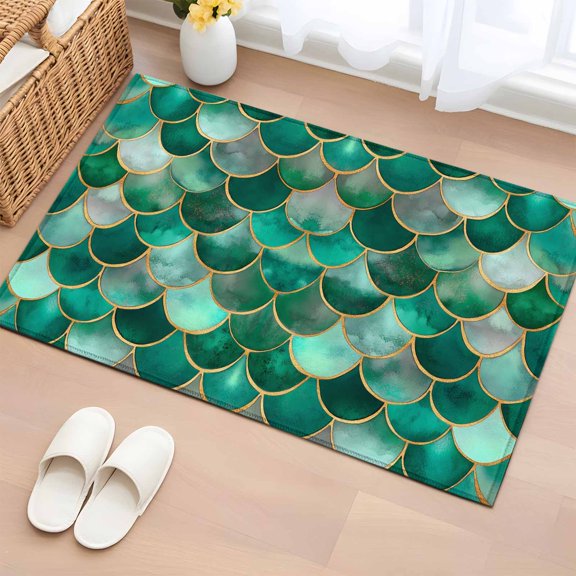 Rectangle Area Rug 2x3ft,Bohemian Emerald Green Fish Scales Washable Carpet Non-Slip Runner Accent Rugs Indoor Floor Mat for Bedroom Living Room Decor,Retro Abstract