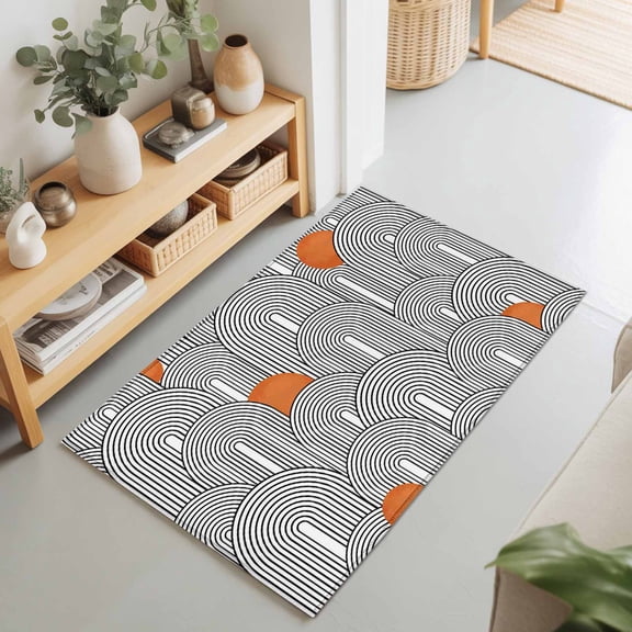 Rectangle Area Rug 2x3ft,Boho Abstract Black White Rounds Stripes Living Room Rug Non-Slip Washable Circle Rugs Pad,Orange Polka Dots Soft Floor Carpet for Bedroom Dining Room