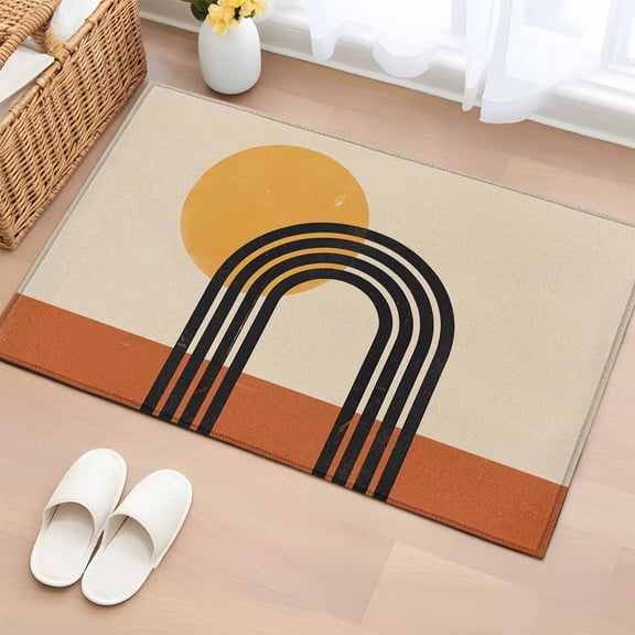 Rectangle Area Rug 2x3ft,Boho Black Arch Sun Texture Washable Carpet Non-Slip Runner Accent Rugs Indoor Floor Mat for Bedroom Living Room Decor,Orange Beige Color Block