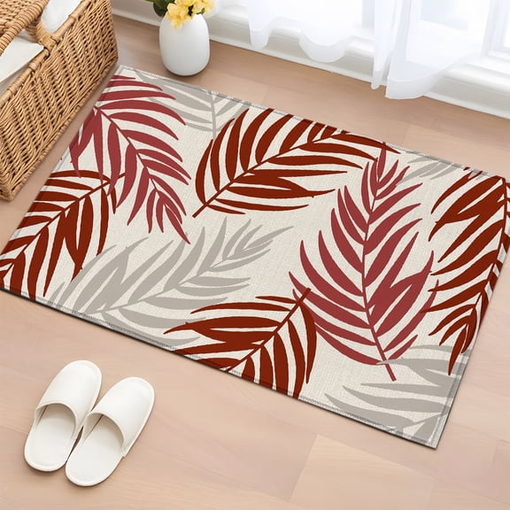 Rectangle Area Rug 2x3ft, Burgundy Autumn Leaves Non-Slip Non-Shedding Floor Mat, Rustic Fronds on Linen Washable Sturdy Carpet for Living Room Bedroom Home Decor