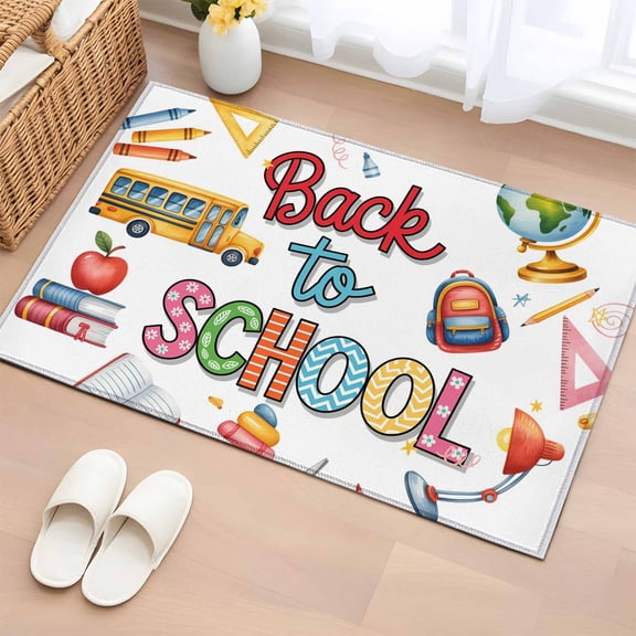 Rectangle Area Rug 2x3ft, Bus Bag Globe Crayon Desklamp Non-Slip Non-Shedding Floor Mat, Back to School Season Washable Sturdy Carpet for Living Room Bedroom Home Decor