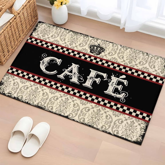 Rectangle Area Rug 2x3ft, Cafe Words on Black Background Non-Shedding Washable Area Rug, Vintage Crown Non Slip Low-Profile Rugs for Living Room, Bedroom Dining Room