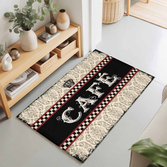 Rectangle Area Rug 2x3ft,Cafe Words on Black Background Washable Carpet Non-Slip Runner Accent Rugs Indoor Floor Mat for Bedroom Living Room Decor,Vintage Crown