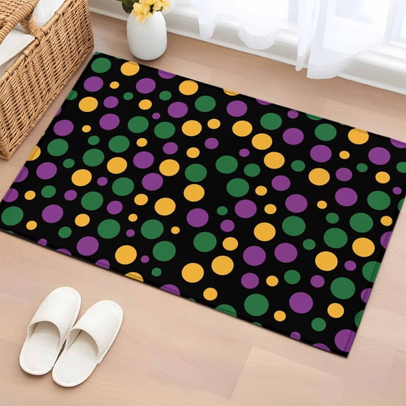 Rectangle Area Rug 2x3ft, Carnival Colorful Polka Dots Non-Slip Non-Shedding Floor Mat, Green Purple Yellow Dot on Black Washable Sturdy Carpet for Living Room Bedroom Home Decor