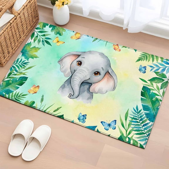 Rectangle Area Rug 2x3ft, Cartoon Animal Elephants Non-Slip Non-Shedding Floor Mat, Tropical Plants Leaves Washable Sturdy Carpet for Living Room Bedroom Home Decor