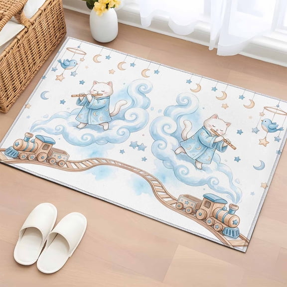 Rectangle Area Rug 2x3ft,Cartoon Cats Stars Clouds Rail Orbiting Washable Carpet Non-Slip Runner Accent Rugs Indoor Floor Mat for Bedroom Living Room Decor,Blue Birds Moon