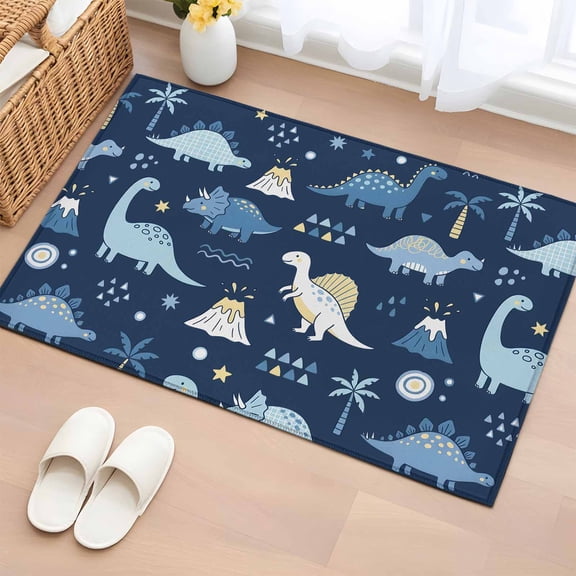 Rectangle Area Rug 2x3ft, Cartoon Dinosaurs Geometric Non-Slip Non-Shedding Floor Mat, Cute Animal on Deep Blue Washable Sturdy Carpet for Living Room Bedroom Home Decor