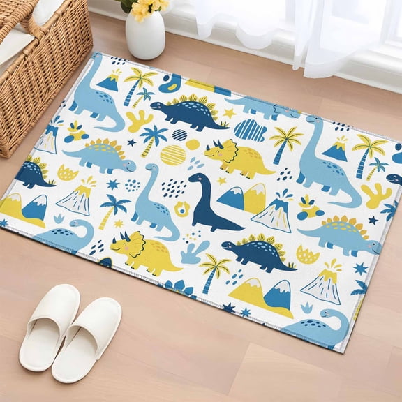 Rectangle Area Rug 2x3ft,Cartoon Dinosaurs Watercolor Blue Washable Carpet Non-Slip Runner Accent Rugs Indoor Floor Mat for Bedroom Living Room Decor,Summer Beach Palm Tree