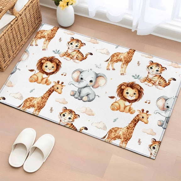 Rectangle Area Rug 2x3ft,Cartoon Lion Giraffe Elephant Tiger Washable Carpet Non-Slip Runner Accent Rugs Indoor Floor Mat for Bedroom Living Room Decor,Watercolor Animal Cloud