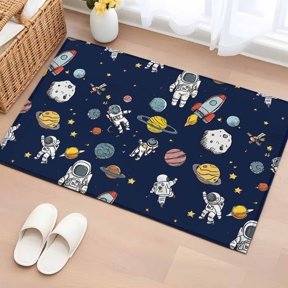 Rectangle Area Rug 2x3ft, Cartoon Rocket Space Planet Non-Shedding Washable Area Rug, Mysterious Universe Navy Blue Non Slip Low-Profile Rugs for Living Room, Bedroom Dining Room