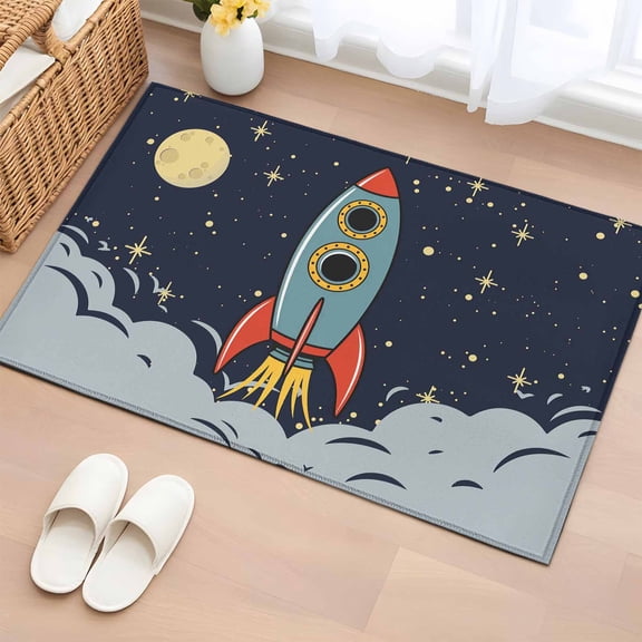 Rectangle Area Rug 2x3ft, Cartoon Space Rocket Launch Stars and Moon Non-Shedding Washable Area Rug, Outer Planet Non Slip Low-Profile Rugs for Living Room, Bedroom Dining Room