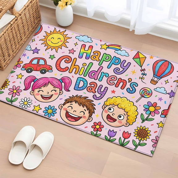 Rectangle Area Rug 2x3ft,Cartoons Flowers Happy Children's Day Washable Carpet Non-Slip Runner Accent Rugs Indoor Floor Mat for Bedroom Living Room Decor,Lovely Hot Balloons