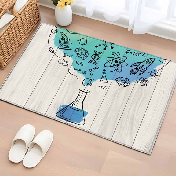 Rectangle Area Rug 2x3ft, Chemical Formula Beaker on Wood Grain Non-Slip Non-Shedding Floor Mat, School Season Washable Sturdy Carpet for Living Room Bedroom Home Decor
