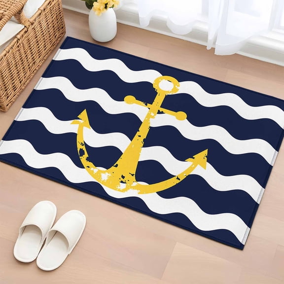 Rectangle Area Rug 2x3ft, Chic Nautical Anchor on Navy Blue White Sripes Non-Shedding Washable Area Rug, Chevron Zig Zag Non Slip Low-Profile Rugs for Living Room, Bedroom Dining Room
