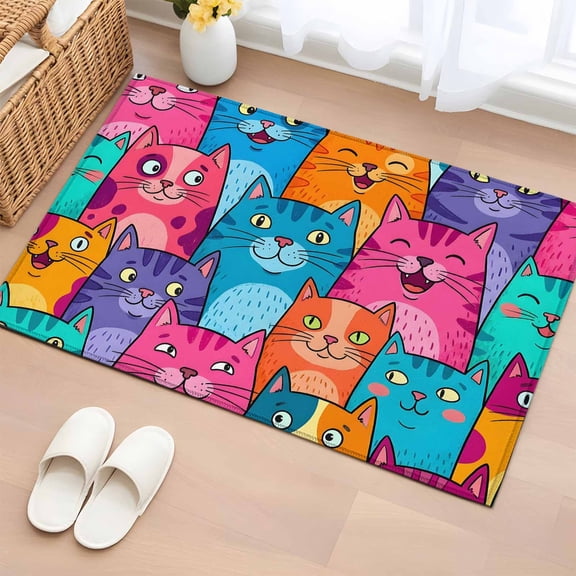 Rectangle Area Rug 2x3ft,Children's Day Lovely Cats Washable Carpet Non-Slip Runner Accent Rugs Indoor Floor Mat for Bedroom Living Room Decor,Pink Blue Kitty