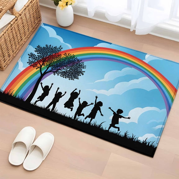 Rectangle Area Rug 2x3ft,Children's Day Silhouettes Washable Carpet Non-Slip Runner Accent Rugs Indoor Floor Mat for Bedroom Living Room Decor,Sky Rainbow Trees
