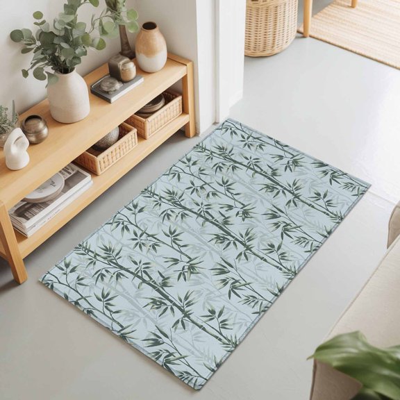 Rectangle Area Rug 2x3ft,Chinese Watercolor Green Plant Living Room Rug Non-Slip Washable Circle Rugs Pad,Natural Seamless Botany on Teal Soft Floor Carpet for Bedroom Dining Room
