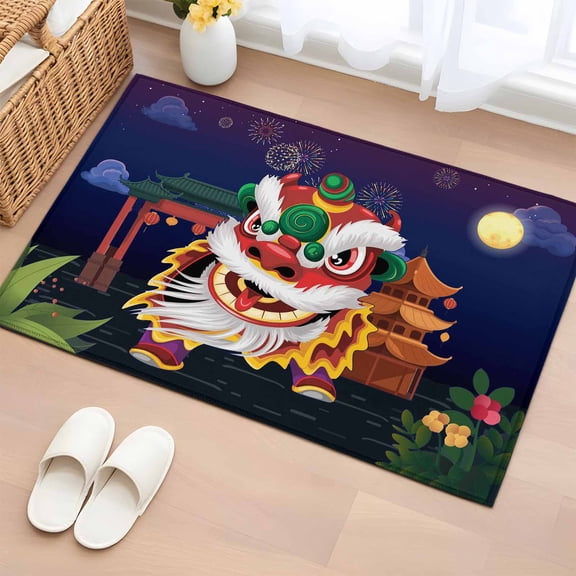 Rectangle Area Rug 2x3ft,Chinese Wind Lion Dance Washable Carpet Non-Slip Runner Accent Rugs Indoor Floor Mat for Bedroom Living Room Decor,New Year Painting