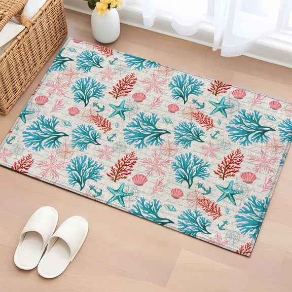 Rectangle Area Rug 2x3ft, Coastal Blue Coral Nautical Compass Non-Slip Non-Shedding Floor Mat, Summer Pink Shell Retro Words Washable Sturdy Carpet for Living Room Bedroom Home Decor