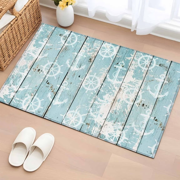 Rectangle Area Rug 2x3ft, Coastal Compass Anchor Seamless Non-Slip Non-Shedding Floor Mat, Nautical Shabby Wood Plank Washable Sturdy Carpet for Living Room Bedroom Home Decor