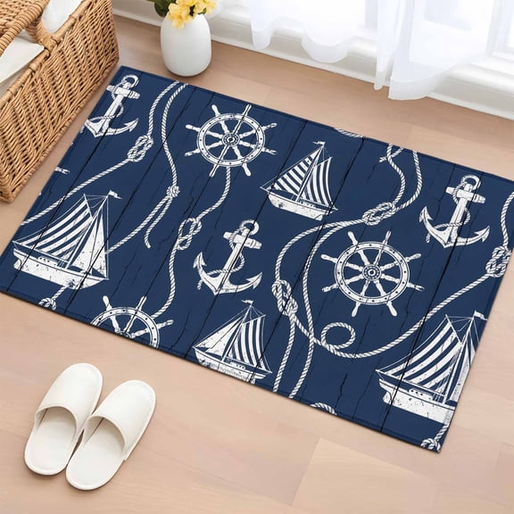 Rectangle Area Rug 2x3ft, Coastal Sailboat Compass Anchor Non-Slip Non-Shedding Floor Mat, Nautical Theme Navy Blue Wood Washable Sturdy Carpet for Living Room Bedroom Home Decor