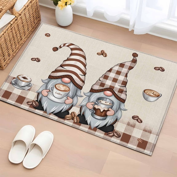 Rectangle Area Rug 2x3ft, Coffee Cup Beans on Vintage Linen Non-Shedding Washable Area Rug, Gnomes Brown Plaid Non Slip Low-Profile Rugs for Living Room, Bedroom Dining Room