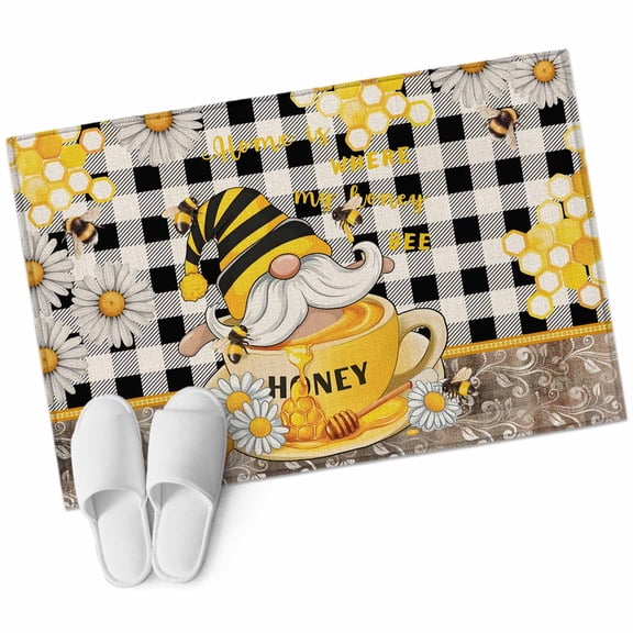 Rectangle Area Rug 2x3ft, Coffee Cup Bee Gnome Black Buffalo Plaid Non-Slip Non-Shedding Floor Mat, Yellow Daisy Flower Washable Sturdy Carpet for Living Room Bedroom Home Decor