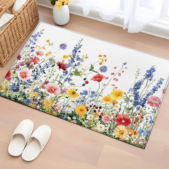 Rectangle Area Rug 2x3ft, Colorful Flower Spring Blossom Floral Plant Non-Shedding Washable Area Rug, Green Herb on White Non Slip Low-Profile Rugs for Living Room, Bedroom Dining Room