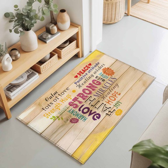 Rectangle Area Rug 2x3ft,Colorful Inspiration Quotes Love Heart Design Living Room Rug Non-Slip Washable Circle Rugs Pad,Wood Plank Soft Floor Carpet for Bedroom Dining Room
